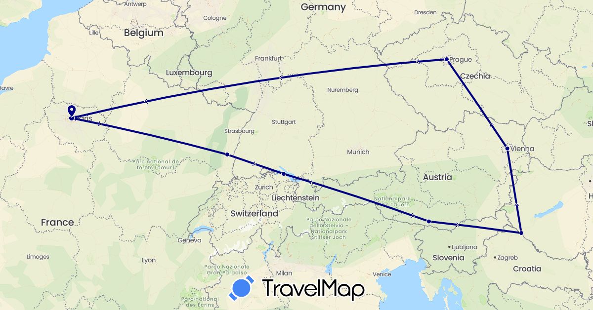TravelMap itinerary: driving in Austria, Czech Republic, Germany, France, Croatia (Europe)